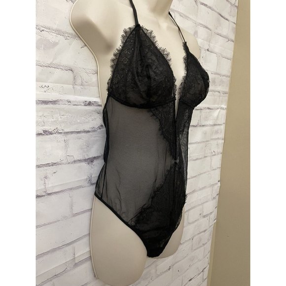 Victoria’s Secret XL Black Thong Sheer Lace Teddy Bodysuit Floral Sexy - Picture 2 of 8
